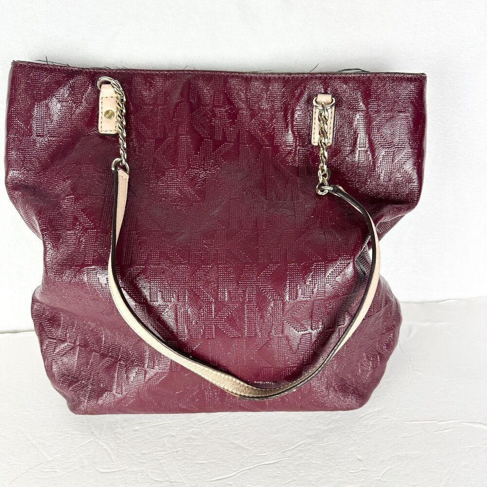 Michael Kors Jet Set Chain MK Signature Leather Tote Purse Logo Burgundy
